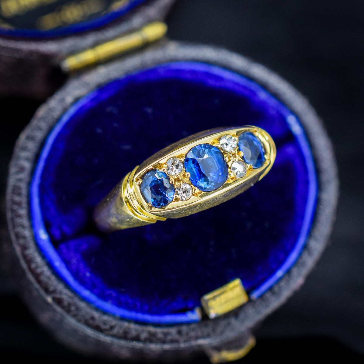 Antique Blue Sapphire and Diamond 18ct Yellow Gold Boat Ring | Birmingham 1912