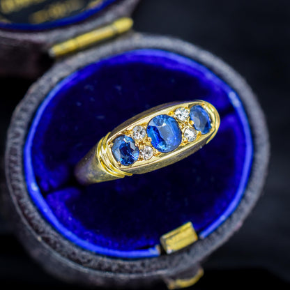 Antique Blue Sapphire and Diamond 18ct Yellow Gold Boat Ring | Birmingham 1912