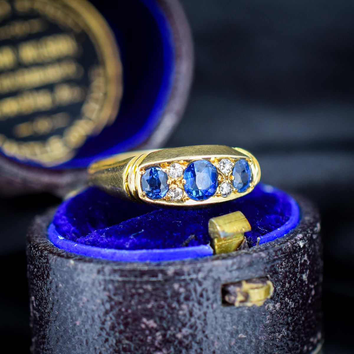 Antique Blue Sapphire and Diamond 18ct Yellow Gold Boat Ring | Birmingham 1912