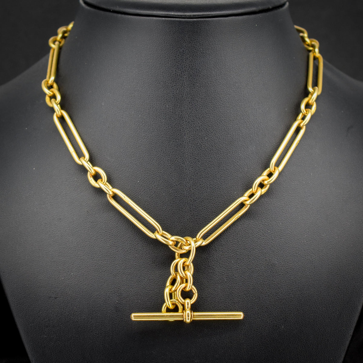 Antique '1915' 18ct Yellow Gold Trombone Double Albert Watch Chain with Dog Clips and T-bar | 15.75"