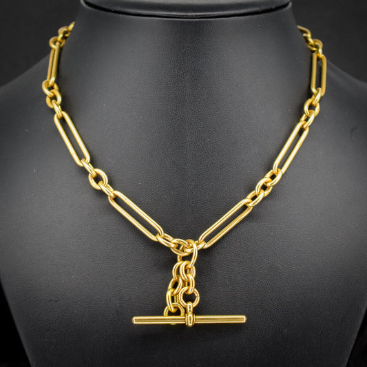 Antique '1915' 18ct Yellow Gold Trombone Double Albert Watch Chain with Dog Clips and T-bar | 15.75"