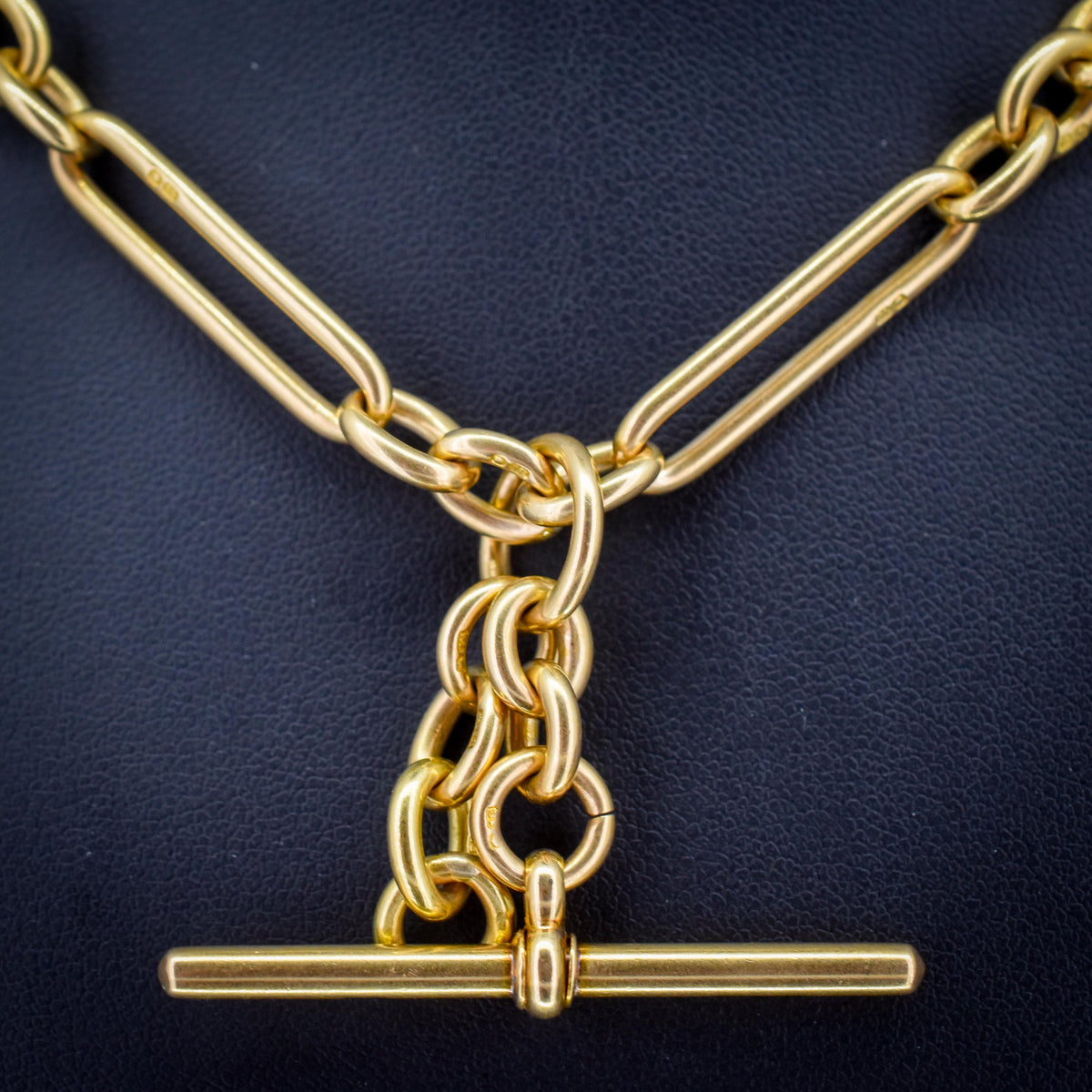 Antique '1915' 18ct Yellow Gold Trombone Double Albert Watch Chain with Dog Clips and T-bar | 15.75"