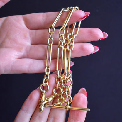 Antique '1915' 18ct Yellow Gold Trombone Double Albert Watch Chain with Dog Clips and T-bar | 15.75"