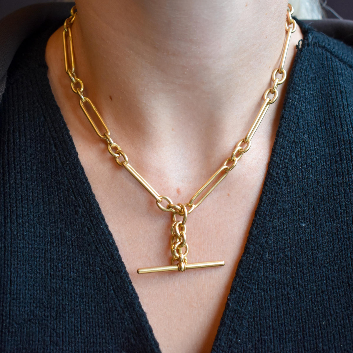 Antique '1915' 18ct Yellow Gold Trombone Double Albert Watch Chain with Dog Clips and T-bar | 15.75"