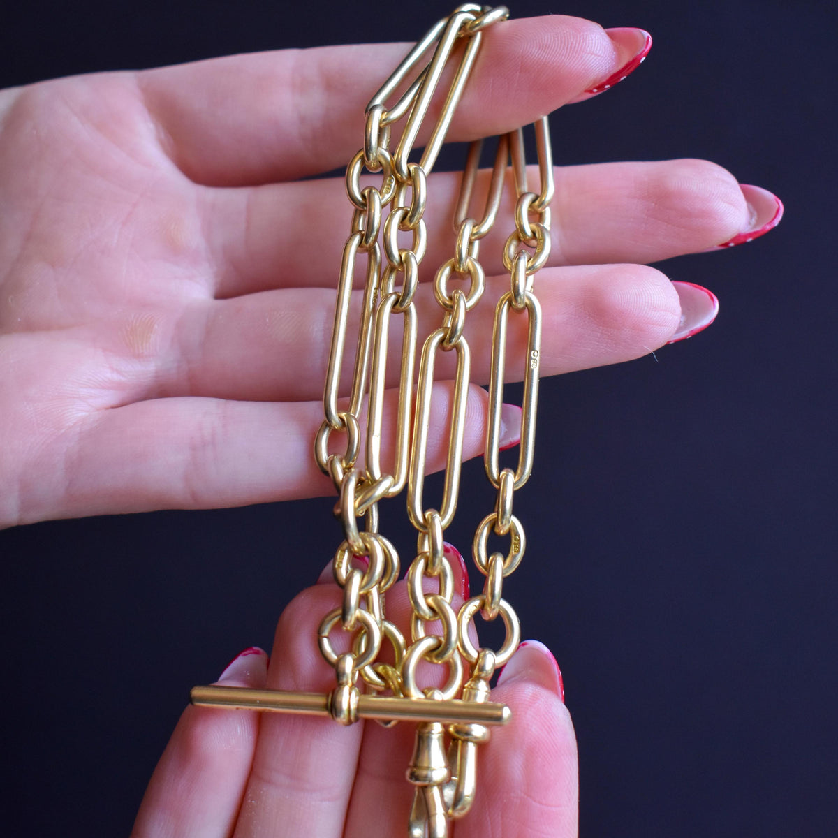 Antique '1915' 18ct Yellow Gold Trombone Double Albert Watch Chain with Dog Clips and T-bar | 15.75"