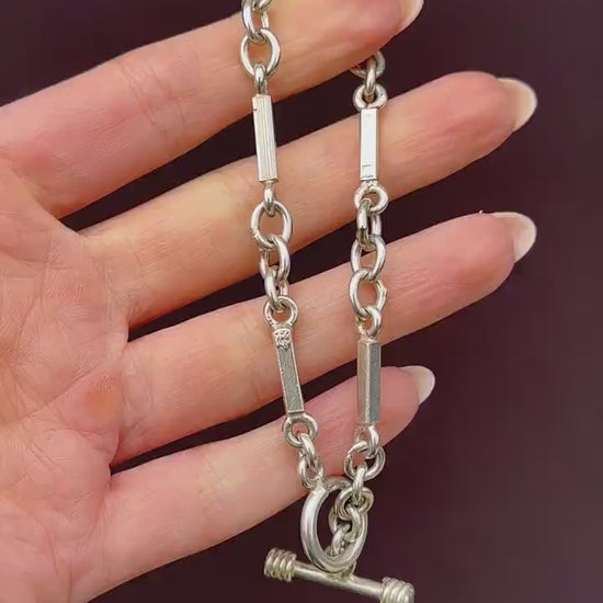 Vintage Silver Oval and Fancy Bar Link Toggle T-Bar Chain Bracelet 8.5"