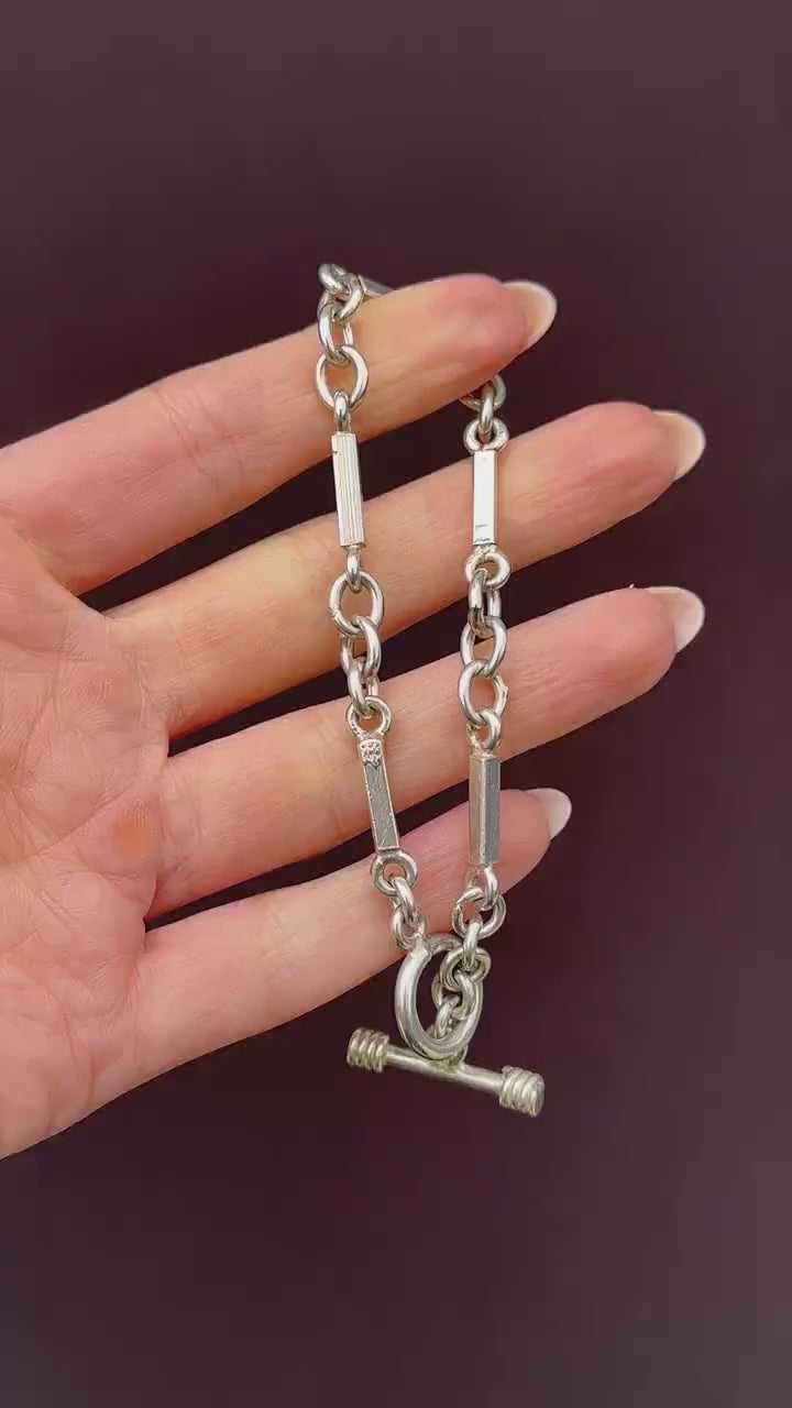 Vintage Silver Oval and Fancy Bar Link Toggle T-Bar Chain Bracelet 8.5"