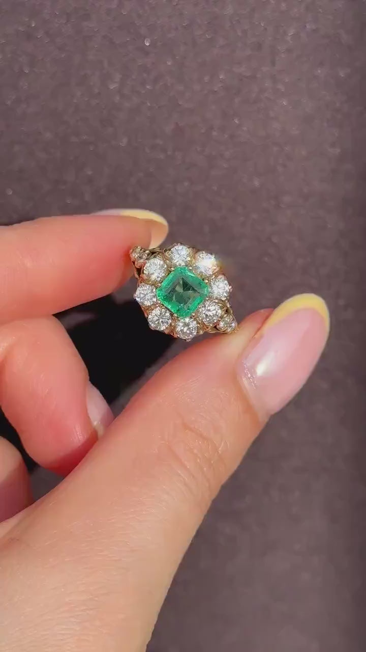 1.30ct Natural Emerald and 1.25ct Diamond Cluster Halo 18ct Yellow Gold Ring