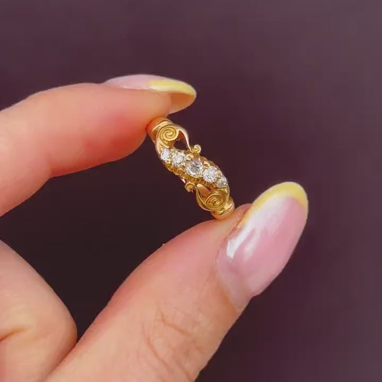 Antique Old Cut Diamond Five Stone Scroll 18ct Gold Ring