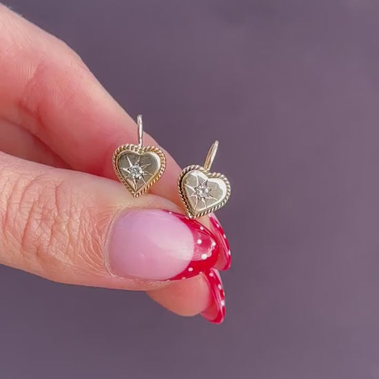 Antique Victorian 18ct Gold Diamond Starburst Heart Earrings