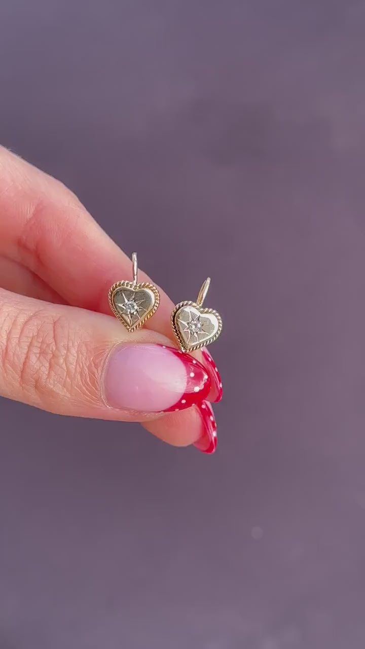 Antique Victorian 18ct Gold Diamond Starburst Heart Earrings
