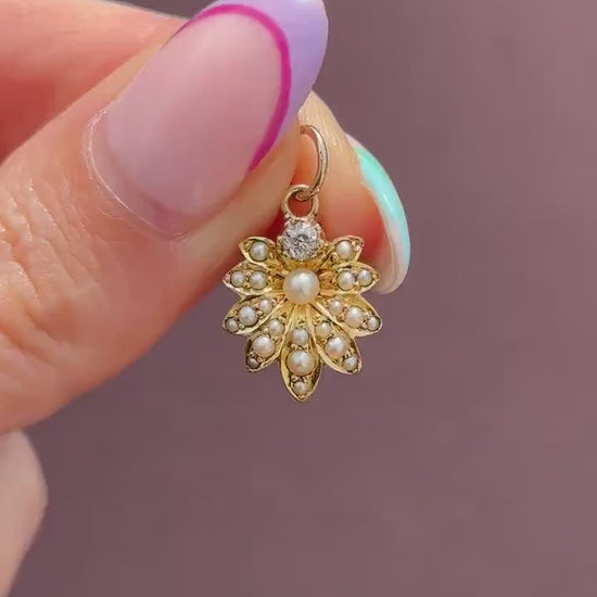 Antique 15ct Gold Pearl and Diamond Flower Pendant