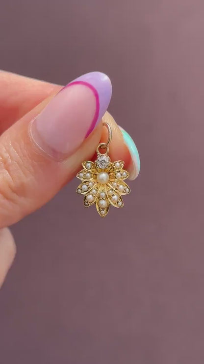 Antique 15ct Gold Pearl and Diamond Flower Pendant