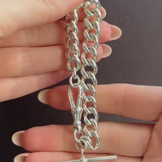Antique Heavy Graduated Curb Sterling Silver Bracelet with Large Dog Clip and T-bar | 7"