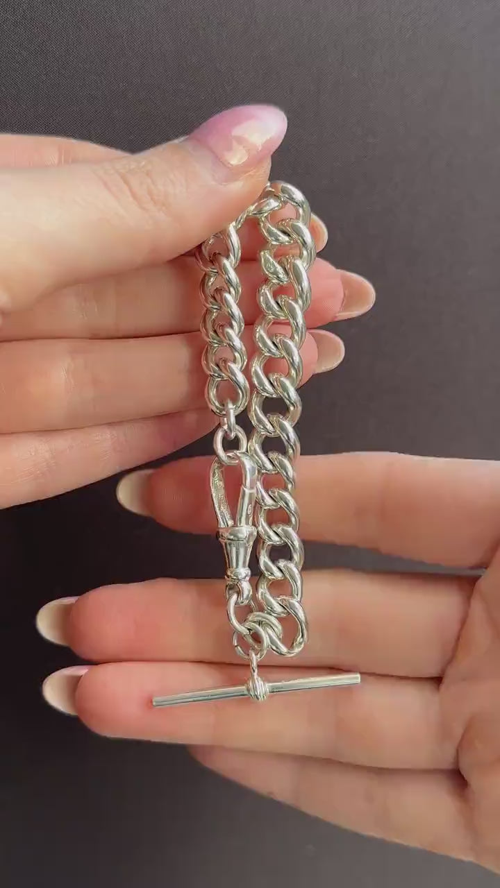 Antique Heavy Graduated Curb Sterling Silver Bracelet with Large Dog Clip and T-bar | 7"