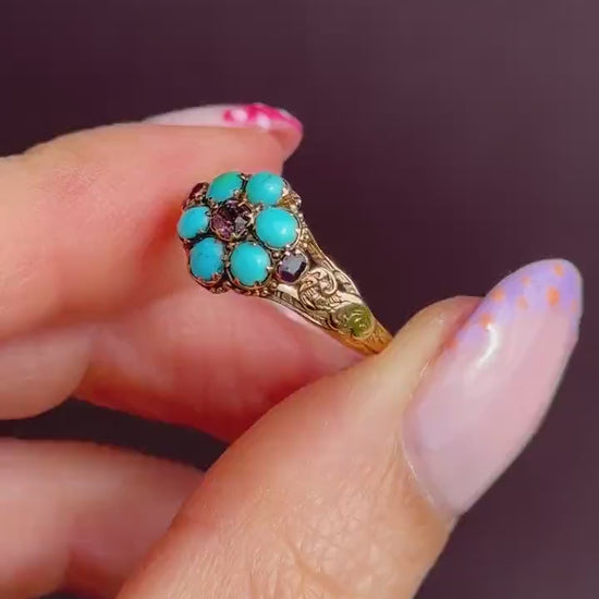 Antique Turquoise and Ruby 15ct Gold Cluster Ring