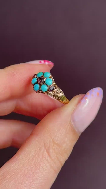 Antique Turquoise and Ruby 15ct Gold Cluster Ring