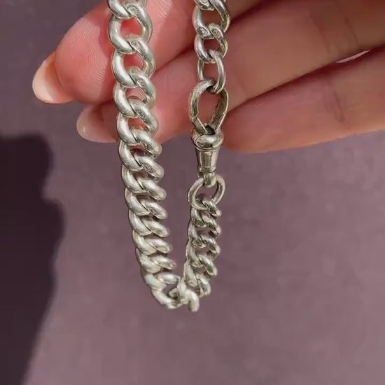 Antique Graduated Curb Sterling Silver Bracelet with Dog Clip | 7.25"