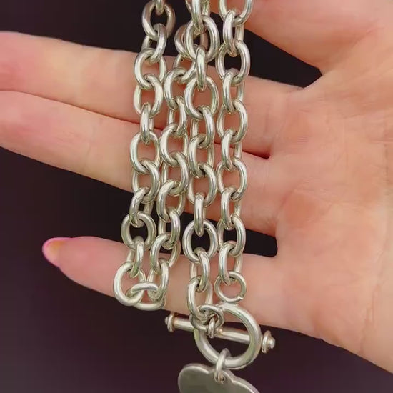 Vintage Silver Oval Cable Link Toggle Heart Chain Necklace 16" Length