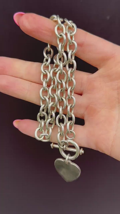 Vintage Silver Oval Cable Link Toggle Heart Chain Necklace 16" Length
