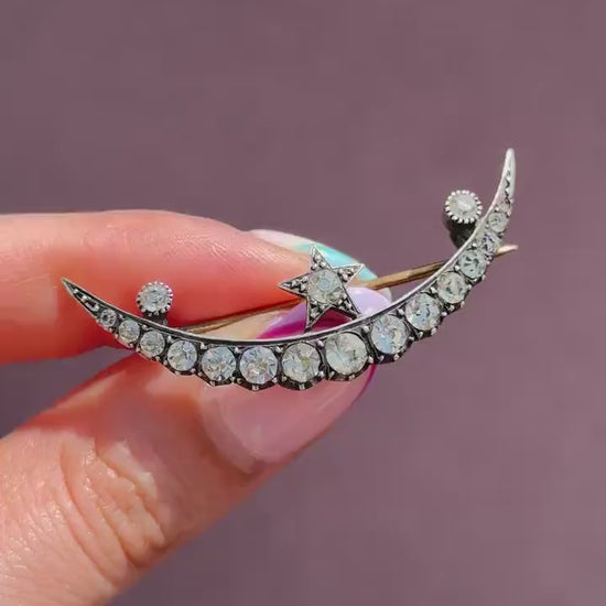 Antique Old Cut Paste Silver Crescent Moon and Star Brooch Pin