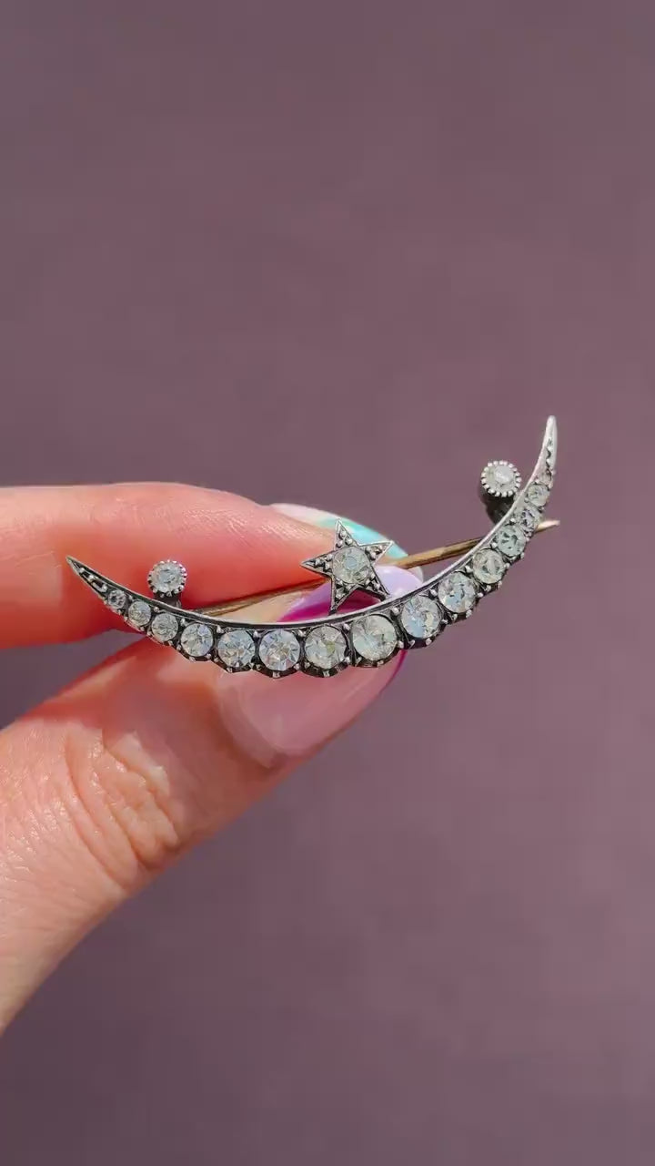 Antique Old Cut Paste Silver Crescent Moon and Star Brooch Pin