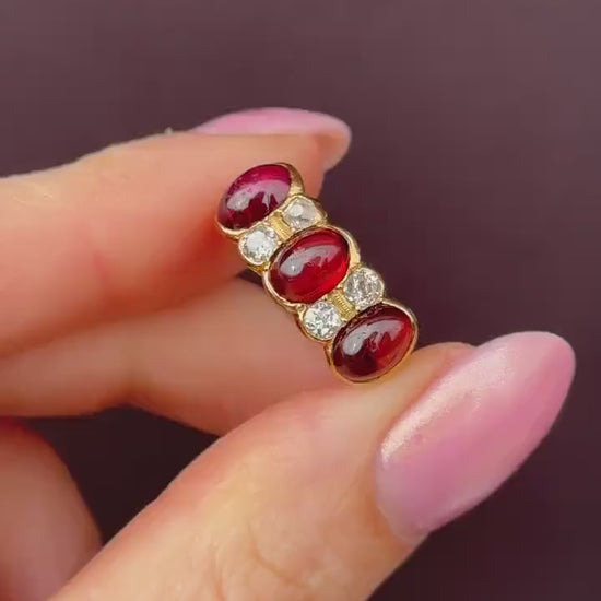 Antique Cabochon Garnet and Diamond 18ct Gold Scroll Ring