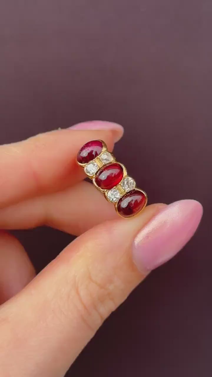 Antique Cabochon Garnet and Diamond 18ct Gold Scroll Ring