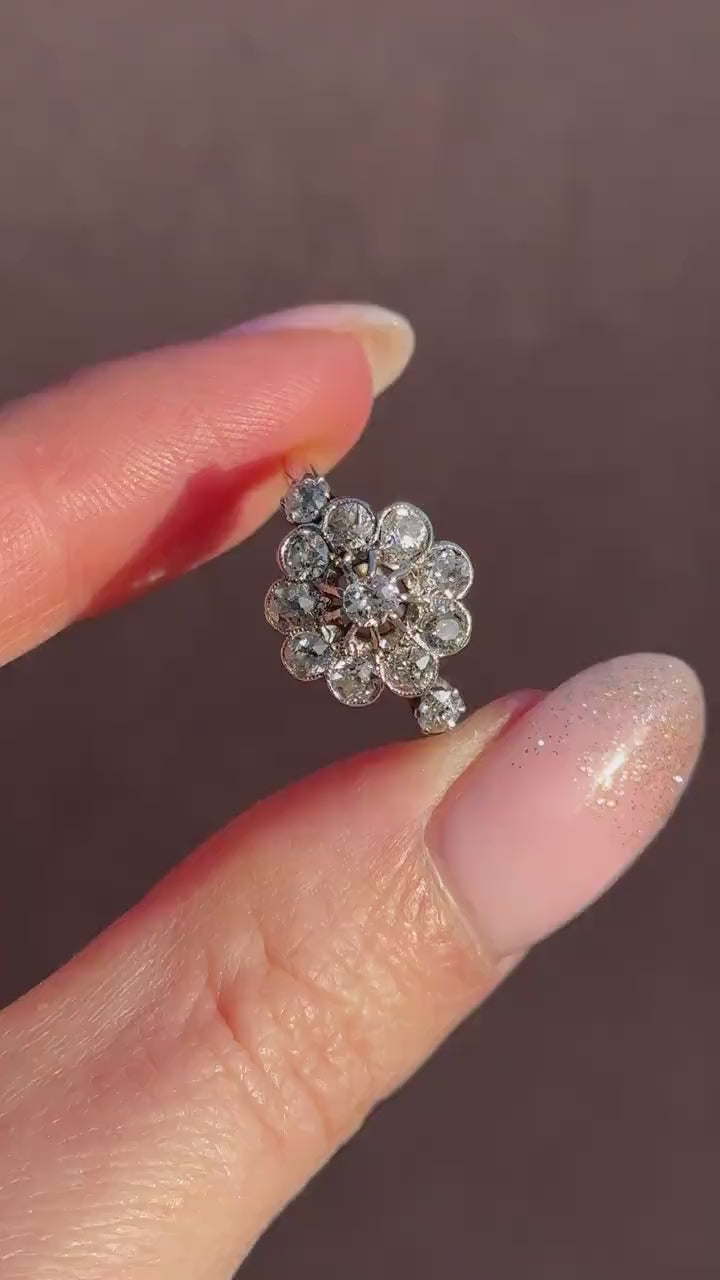 Antique 0.89ct Edwardian Diamond Cluster Daisy 18ct Yellow Gold Ring
