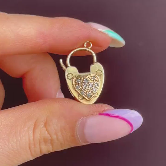 Antique '1907' 9ct Gold Diamond Heart Padlock Charm Pendant