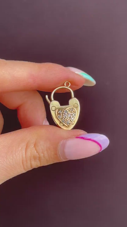 Antique '1907' 9ct Gold Diamond Heart Padlock Charm Pendant