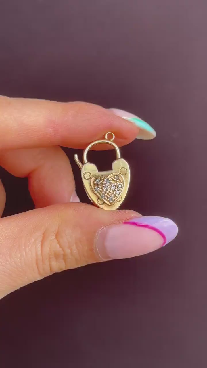 Antique '1907' 9ct Gold Diamond Heart Padlock Charm Pendant