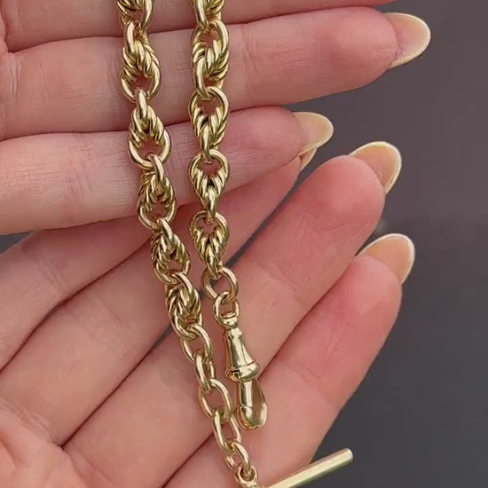 Antique Chunky Love Knot 9ct Yellow Gold Chain Bracelet with T-bar | 8"