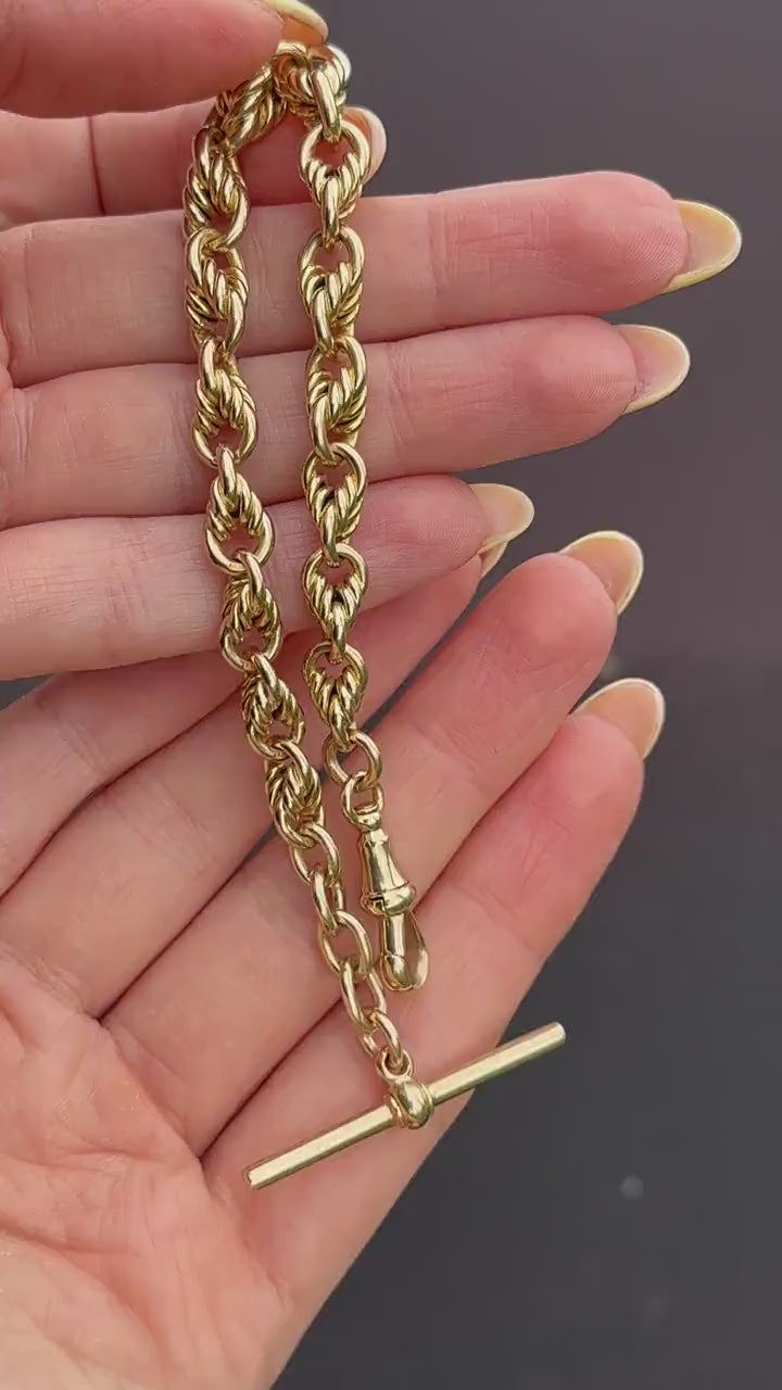 Antique Chunky Love Knot 9ct Yellow Gold Chain Bracelet with T-bar | 8"