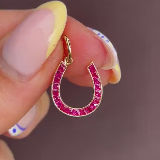 French Cut Ruby Horseshoe 18ct Yellow Gold Charm Pendant - 0.55ct