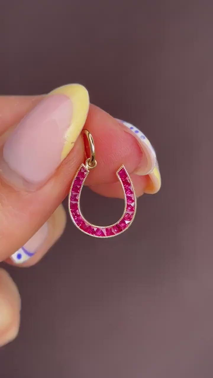 French Cut Ruby Horseshoe 18ct Yellow Gold Charm Pendant - 0.55ct