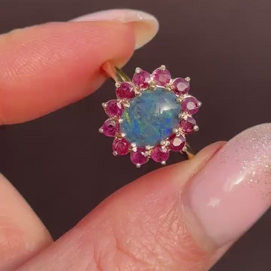 Opal Triplet and Ruby Halo Cluster 9ct Yellow Gold Ring