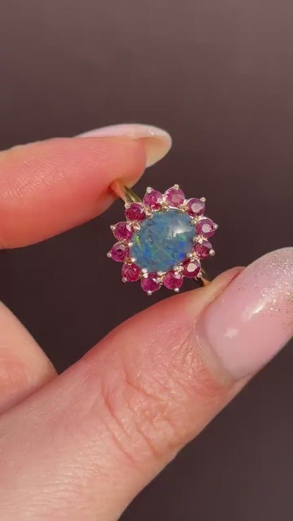 Opal Triplet and Ruby Halo Cluster 9ct Yellow Gold Ring