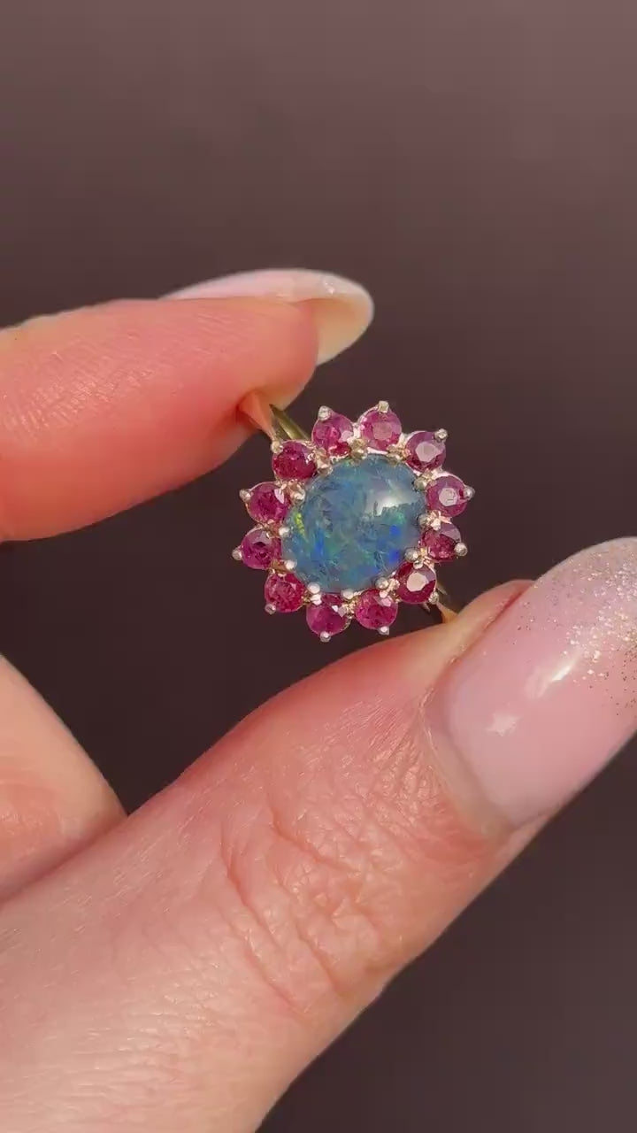 Opal Triplet and Ruby Halo Cluster 9ct Yellow Gold Ring