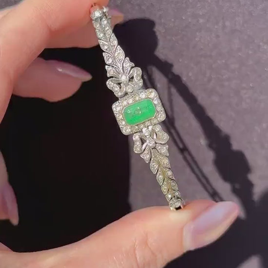 Antique Emerald Paste Silver Bow Bangle Bracelet | Edwardian