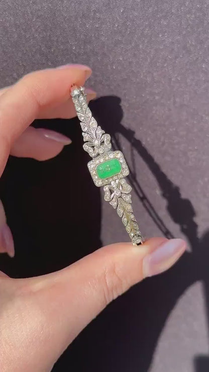 Antique Emerald Paste Silver Bow Bangle Bracelet | Edwardian