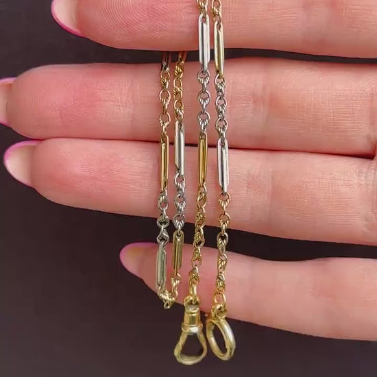 Antique 18ct Gold and Platinum Watch Chain Necklace with Dog Clip and Bolt Ring | 12.75"