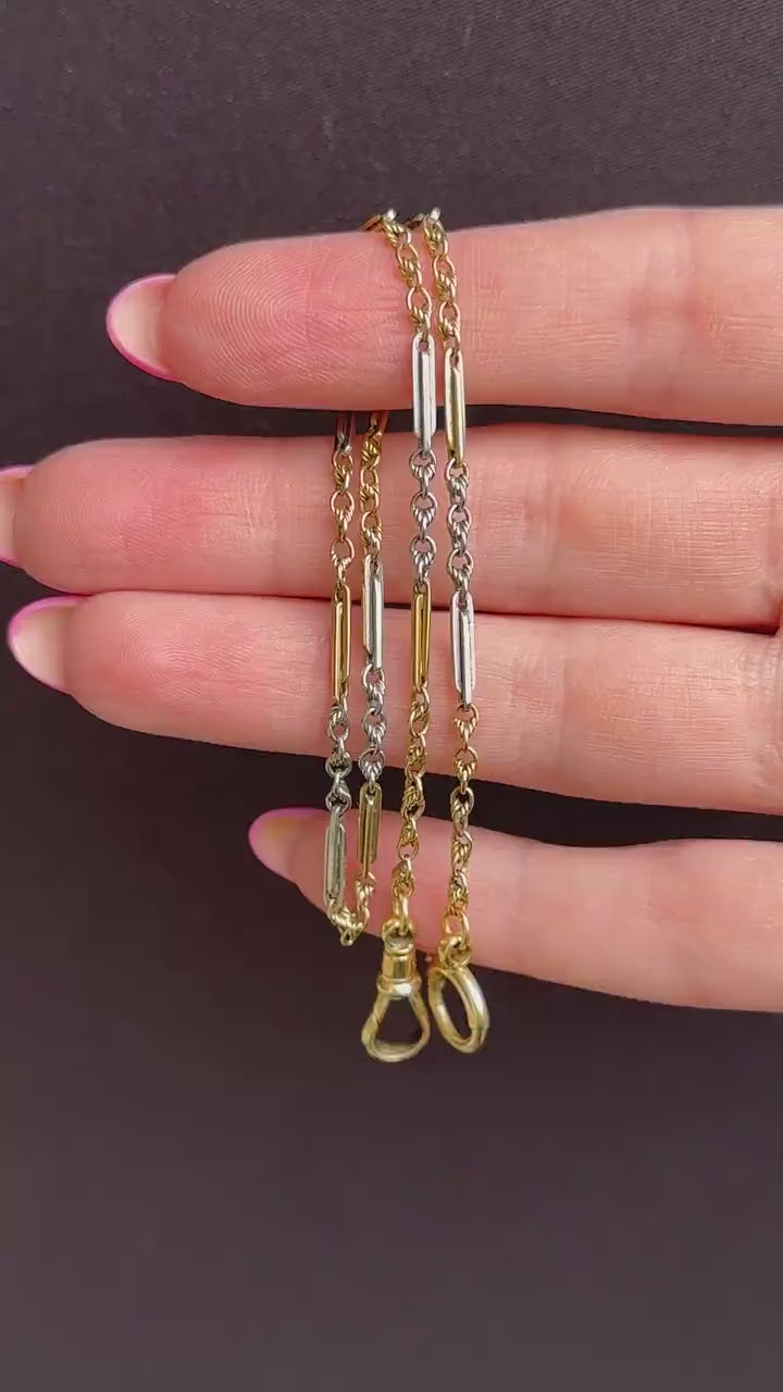 Antique 18ct Gold and Platinum Watch Chain Necklace with Dog Clip and Bolt Ring | 12.75"