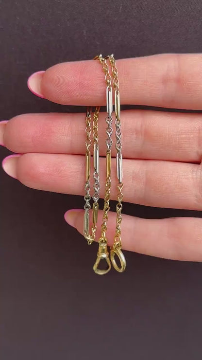 Antique 18ct Gold and Platinum Watch Chain Necklace with Dog Clip and Bolt Ring | 12.75"