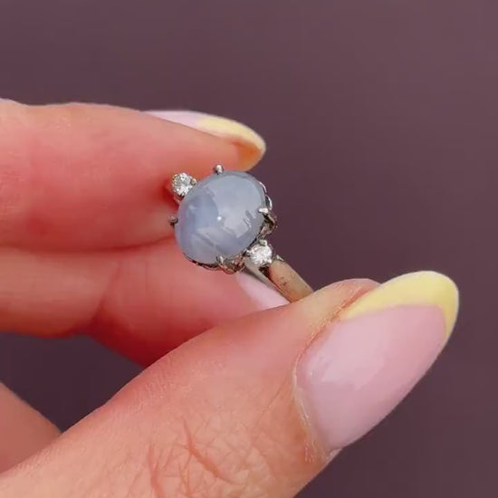 Star Sapphire and Diamond Silver Ring | Vintage Style
