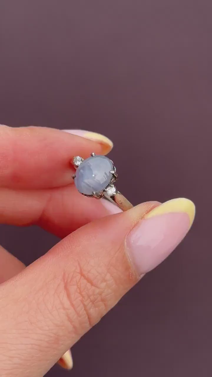 Star Sapphire and Diamond Silver Ring | Vintage Style