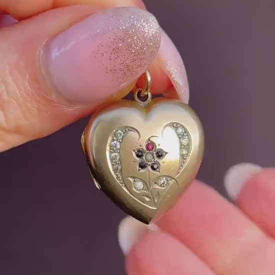 Antique 9ct Gold Floral Paste Heart Locket Pendant