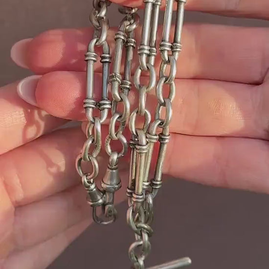 Antique Sterling Silver Trombone Watch Chain with Double Dog Clip and T Bar | 16"