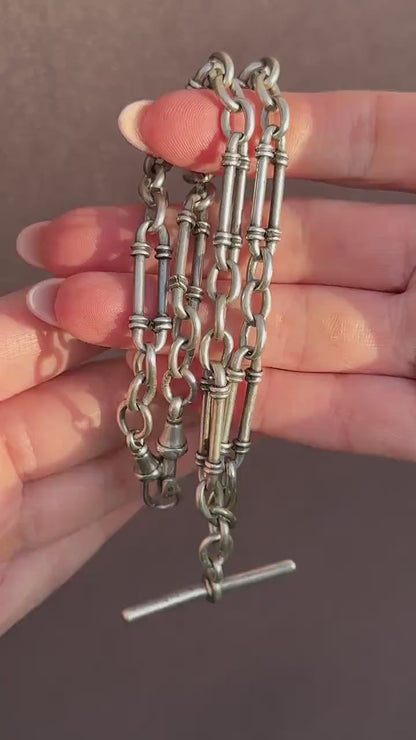 Antique Sterling Silver Trombone Watch Chain with Double Dog Clip and T Bar | 16"