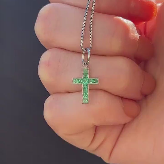 French Cut Emerald Cross Platinum Charm Pendant - 0.40ct